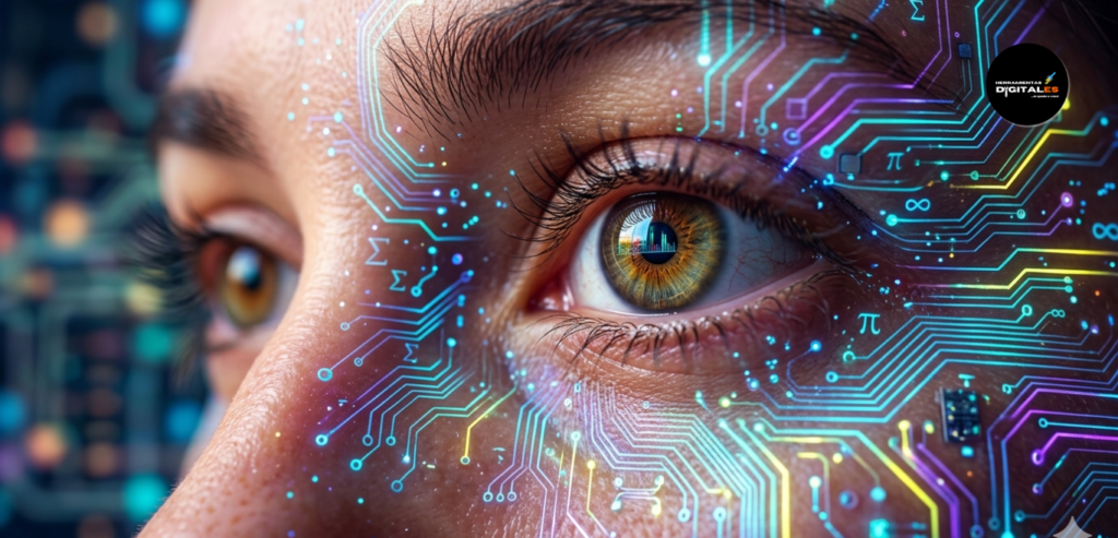 Fotografía macro hiperrealista de un ojo humano fusionado con micro-circuitos de IA neón, representando el Glosario de IA Generativa para creadores digitales de Herramientas Digitales.
