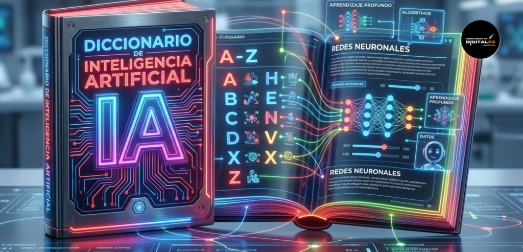 Portada de un diccionario interactivo de inteligencia artificial con texto grande y brillante que dice "IA" y "DICCIONARIO DE INTELIGENCIA ARTIFICIAL". El diseño futurista incluye patrones de circuitos y luces LED de diferentes colores que conectan varios términos y visualizaciones. Un usuario interactúa con la portada táctil del libro, explorando el glosario A-Z y visualizando una red neuronal animada en 3D. El fondo muestra un laboratorio de investigación con científicos trabajando en proyectos de IA. La imagen transmite una sensación de descubrimiento, aprendizaje y avance tecnológico.