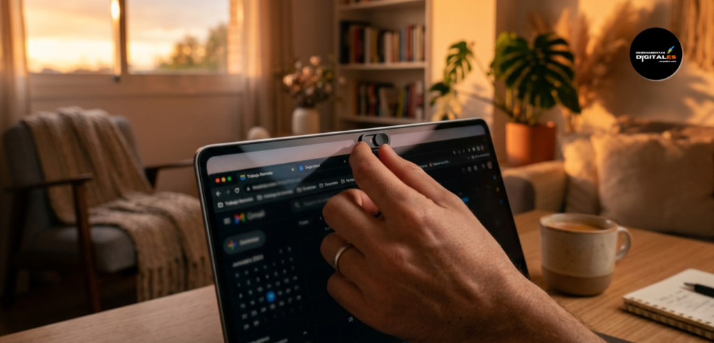 Un primer plano cinematográfico de una mano humana colocando una elegante cubierta deslizante negra sobre la webcam de un ordenador portátil de última generación. Al fondo, un salón acogedor desenfocado con luz cálida de atardecer entrando por la ventana. Estilo fotorrealista.