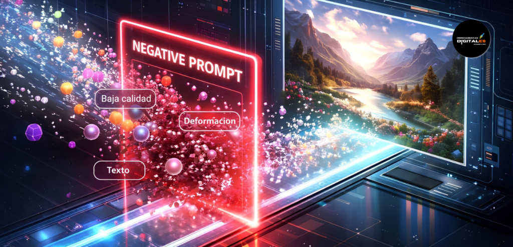 Infografía sobre el funcionamiento del Prompt Negativo en la ia generativa avanzada, mostrando cómo filtra los elementos no deseados para mejorar el resultado.