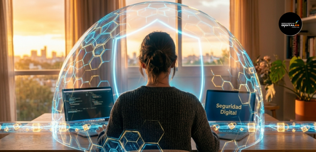 Una persona joven de espaldas en trabajo remoto en su escritorio frente a una ventana, rodeada por un escudo translúcido y brillante de geometría hexagonal que simboliza protección y seguridad digital. Estilo cinematográfico, luz natural mezclada con neón sutil.