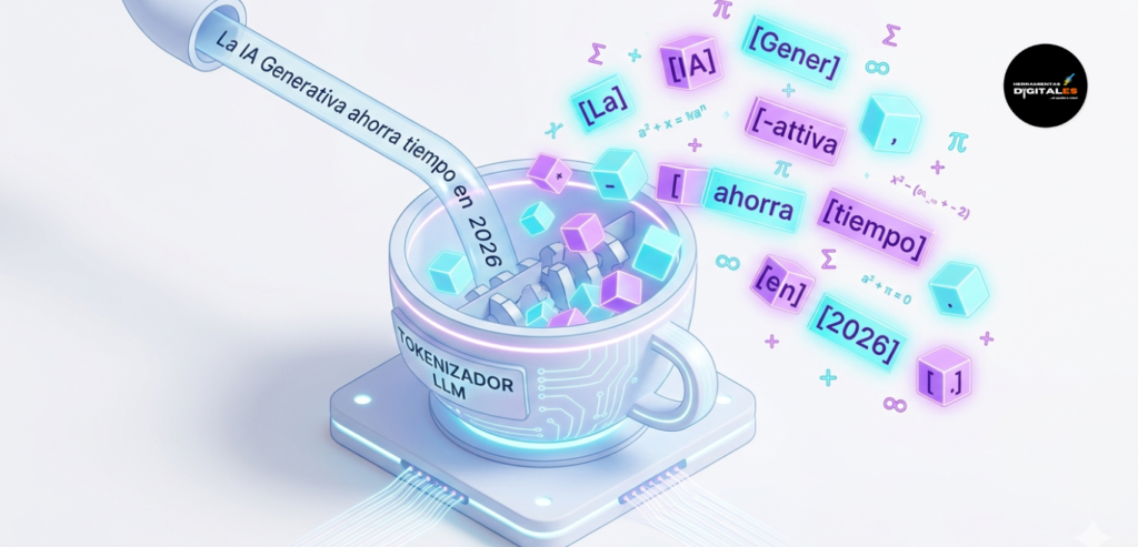 "Ilustración isométrica 3D limpia sobre fondo claro. En el centro, un tazón o contenedor futurista etiquetado como 'TOKENIZADOR LLM'. De una tubería de entrada sale un texto fluido: 'La IA Generativa ahorra tiempo en 2026'. Al caer en el tazón, el texto se pica y salen flotando cubos brillantes marcados individualmente:,,,,,,,,. Los tokens brillan en cian y morado, con símbolos matemáticos flotando alrededor."
