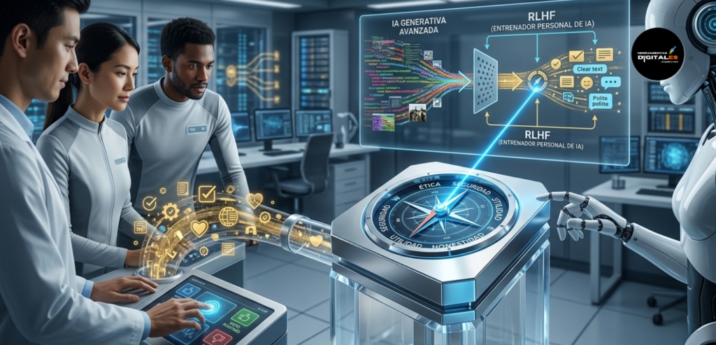 Infografía sobre RLHF en ia generativa avanzada, mostrando cómo la retroalimentación humana filtra y refina las respuestas de un modelo de lenguaje para hacerlas más útiles y seguras.