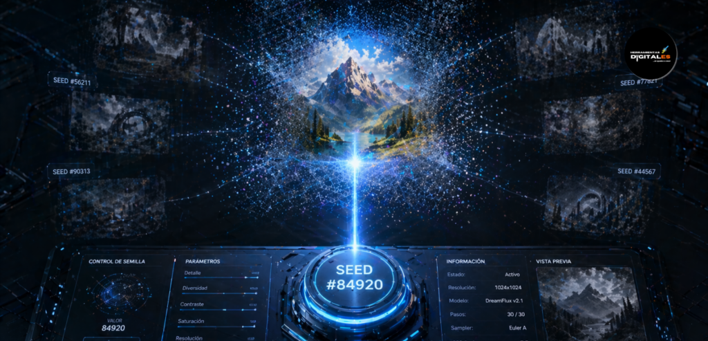 : Infografía sobre el concepto de Seed en la ia generativa avanzada, mostrando cómo un número de semilla específico actúa como el punto de origen para generar resultados consistentes.