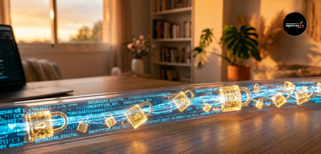 Representación visual de un túnel de datos digitales fluyendo a través de una conexión de fibra óptica transparente. Se ven candados dorados brillantes entrelazados con líneas de código azul eléctrico sobre un fondo oscuro. Iluminación cinematográfica, alta resolución.