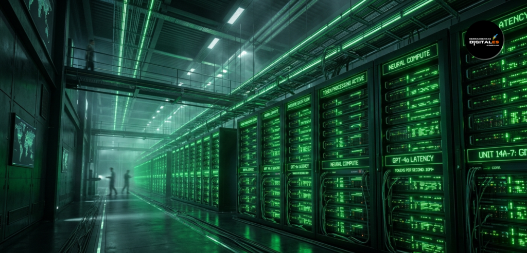 El interior de un centro de datos futurista, racks de servidores con luces LED verdes indicando el procesamiento masivo de tokens, atmósfera con neblina ligera y profundidad de campo cinematográfica.