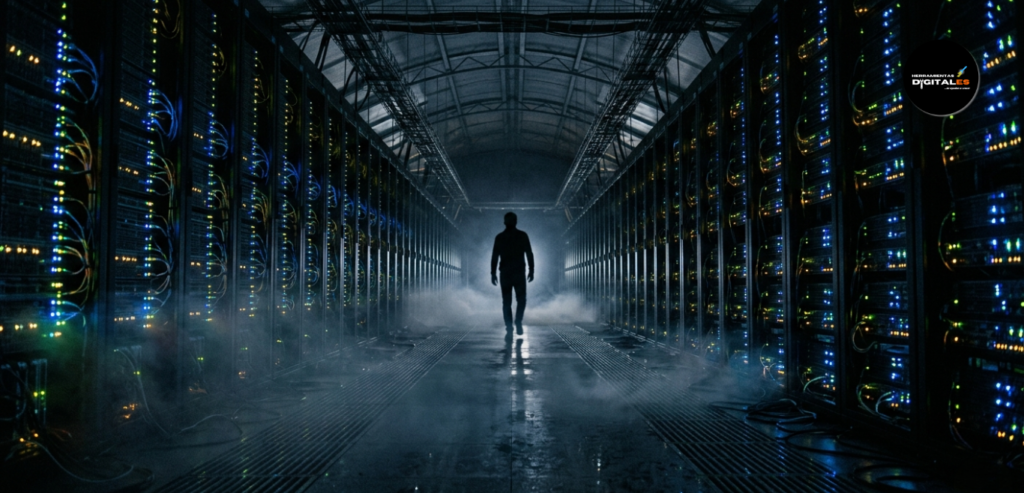 •  Imagen de estilo cinematográfico que muestra una silueta caminando por un pasillo de servidores de datos infinito. Luces LED parpadeantes en los costados y una neblina suave en el suelo. Ángulo de cámara bajo para dar una sensación de inmensidad tecnológica.