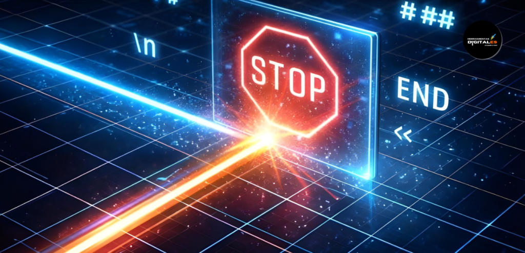 : Infografía sobre el funcionamiento de las Stop Sequences en la ia generativa avanzada, visualizando cómo un modelo detiene su generación al detectar un patrón específico.