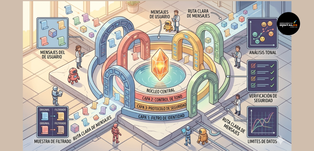 : Infografía sobre el System Prompt en ia generativa avanzada, mostrando cómo las instrucciones de sistema actúan como una capa de control y comportamiento para el modelo de IA.
