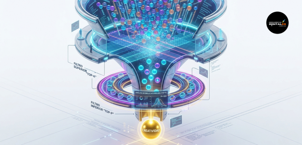 : Infografía sobre los parámetros Top-P y Top-K en ia generativa avanzada, mostrando cómo filtran las probabilidades para seleccionar la siguiente palabra en una secuencia.