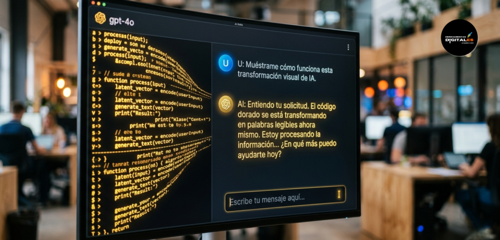Un primer plano de una pantalla de alta resolución mostrando una interfaz de chat de IA minimalista, con flujo de código dorado transformándose en palabras legibles, desenfoque de fondo (bokeh) de una oficina moderna.