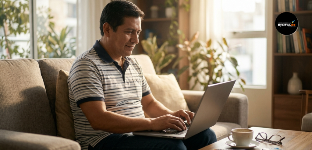 Hombre relajado en un sofá usando una laptop que muestra una réplica perfecta pero falsa de una página de login bancario.