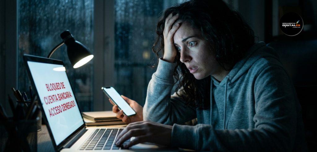 Mujer con expresión de pánico y desorientación frente a una laptop que muestra un mensaje de error bancario.