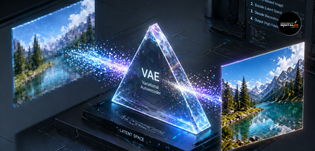 Infografía sobre el funcionamiento de un VAE en ia generativa avanzada, mostrando cómo decodifica y mejora la nitidez y el color de una imagen generada por IA.
