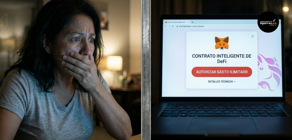 Imagen dividida por una línea vertical texturizada. A la izquierda, un primer plano de una mujer de mediana edad con expresión de shock y pánico, tapándose la boca con la mano en una sala de estar oscura. A la derecha, una captura de pantalla nítida de una interfaz de billetera MetaMask fraudulenta, mostrando el título 'CONTRATO INTELIGENTE DE DeFi' y un botón grande y prominente de color rojo pánico con la palabra 'AUTORIZAR GASTO ILIMITADO', ilustrando una estafa de 'Rug Pull' y el momento exacto del error humano al autorizar un contrato malicioso.