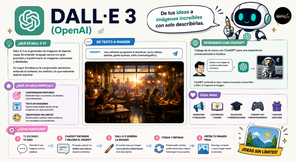DALL-E 3 generando imágenes mediante lenguaje natural con diseñador trabajando frente a escritorio moderno.