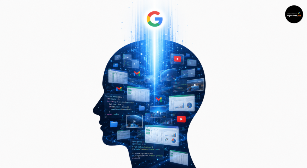 Ilustración conceptual de estilo collage digital que muestra a Gemini de Google analizando masivos volúmenes de datos multimedia de Workspace de forma integrada.