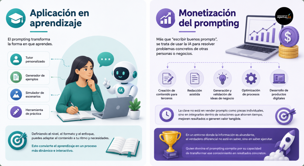 Infografía profesional sobre aplicación del prompting en aprendizaje y monetización con inteligencia artificial. Incluye tutor personalizado, generación de ejemplos, simulación de escenarios, práctica interactiva y usos de IA para creación de contenido, optimización de procesos y desarrollo de productos digitales, con ilustraciones modernas en tonos azules y morados.