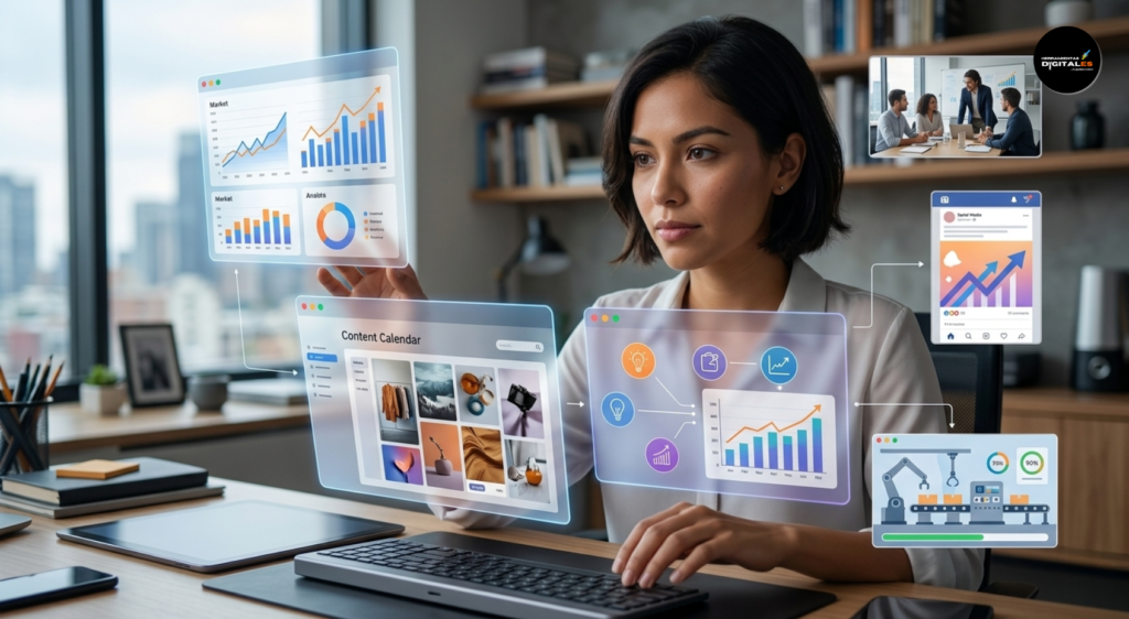 Primer plano ultra realista de una profesional interactuando con flujos de datos digitales y herramientas de trabajo, simbolizando la aplicación práctica del prompting en áreas de análisis, contenido y productividad en un entorno laboral moderno.