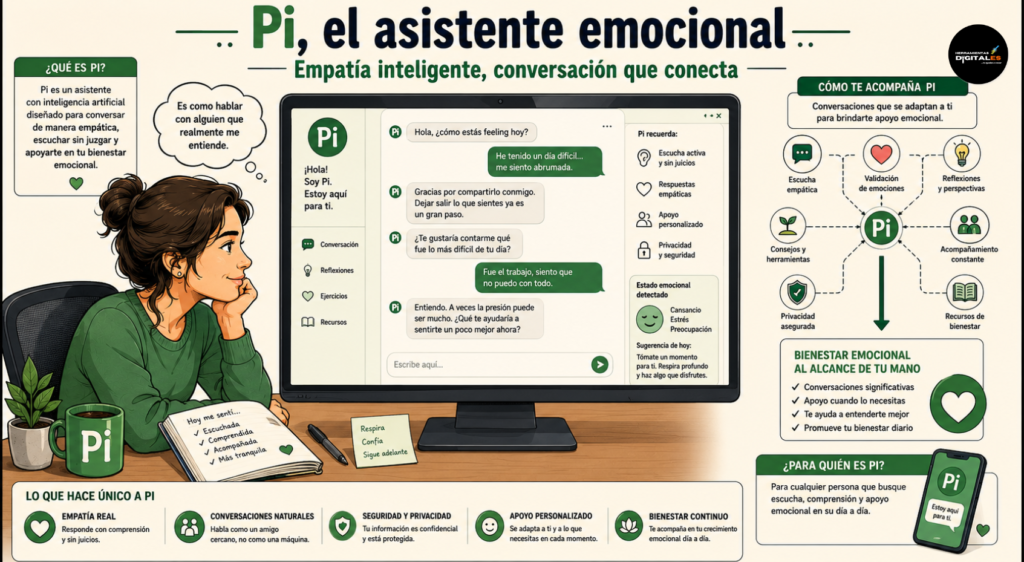Infografía explicativa sobre asistentes de IA con inteligencia emocional que ilustra el uso de la voz para interactuar de forma empática, ordenar pensamientos y gestionar tareas cotidianas.