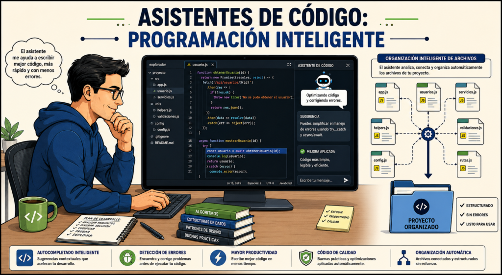 Infografía explicativa sobre asistentes de código con IA que muestra la integración de un chatbot dentro del editor para automatizar la programación y depuración de software.