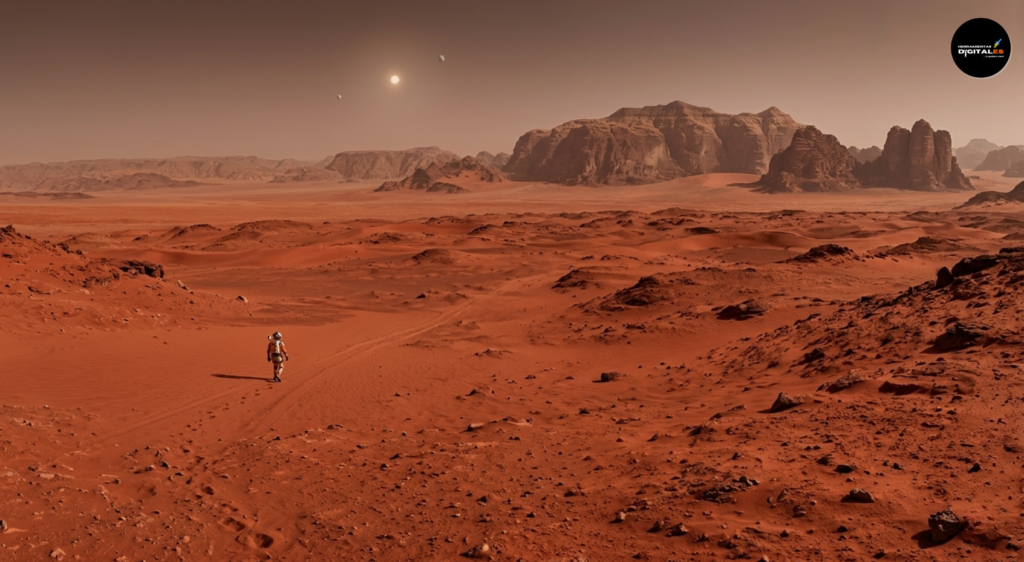 Un gran plano general de un solitario astronauta caminando sobre el vasto desierto rojo y rocoso de Marte. La escala monumental del paisaje marciano, con sus dunas rojas, cañones y macizos rocosos en Lima, Perú, minimiza la figura humana. El cielo es de color óxido con el Sol y dos lunas pequeñas visibles. La luz solar incide desde la izquierda, creando sombras largas y nítidas. Una huella nítida del astronauta es visible en el primer plano.