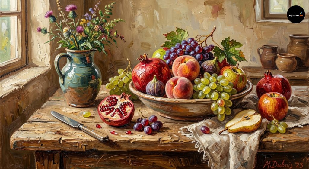 intura artística al óleo de estilo bodegón clásico que muestra una rica variedad de frutas como granadas abiertas, uvas, melocotones y peras sobre una mesa de madera rústica. La composición incluye un jarrón con flores silvestres junto a una ventana y destaca por sus pinceladas gruesas y marcadas con texturas de empaste que aportan relieve y volumen a la obra.