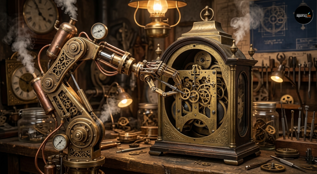 Imagen de estilo Steampunk que muestra un complejo brazo robótico mecánico fabricado en bronce y cobre, reparando un reloj antiguo sobre un banco de trabajo de madera. La escena está repleta de detalles como engranajes visibles, esferas de manómetros, herramientas de relojería y pequeñas ráfagas de vapor que emanan de los mecanismos, todo envuelto en una atmósfera industrial vintage con iluminación cálida.