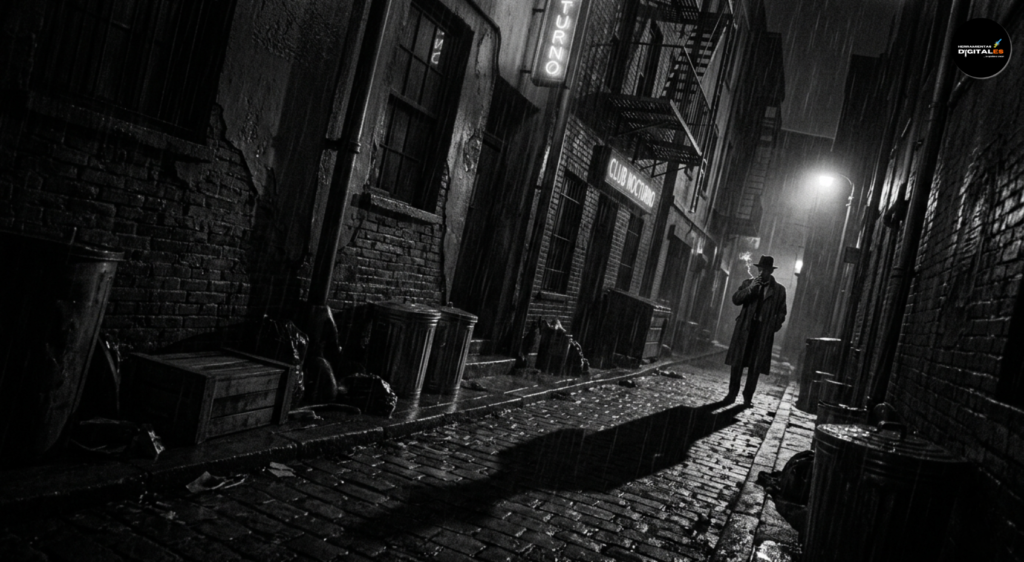 "Una toma en ángulo holandés (inclinado) en blanco y negro, de alto contraste, captura un callejón urbano mojado por la lluvia durante la noche. Un hombre con sombrero fedora y gabardina, que se asemeja a un investigador privado de estilo noir, se para bajo una farola humeante en la distancia. A la izquierda, un letrero de neón vertical dice 'CLUB NOCTURNO' en inglés, y debajo, un letrero horizontal en la pared de ladrillo desgastado dice 'EL INVESTIGADOR'. El callejón de adoquines está flanqueado por edificios oscuros, botes de basura de metal y cajas de madera, con líneas distorsionadas por la inclinación de la cámara. La lluvia cae intensamente."