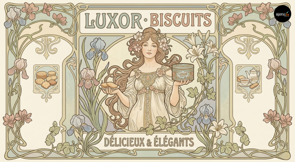 Diseño de un cartel publicitario vintage de estilo Art Nouveau para la marca ficticia "Luxor Biscuits". La ilustración presenta a una mujer elegante con cabello largo y ondulado en el centro, enmarcada por intrincadas líneas orgánicas fluidas, flores de lirio y motivos de plantas trepadoras. Todo el conjunto está realizado en una paleta cromática de suaves tonos pastel y tipografía clásica de principios del siglo XX con la leyenda "Délicieux & Élégants".