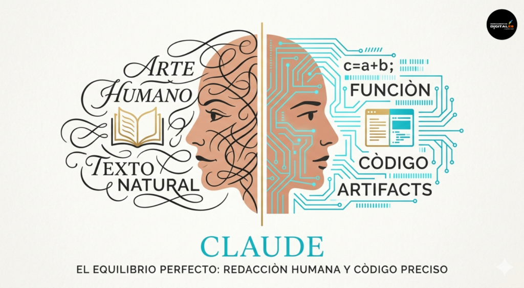 Ilustración conceptual de estilo editorial que muestra el equilibrio de Claude de Anthropic, fusionando la redacción humana con la precisión de código y la función de artifacts.