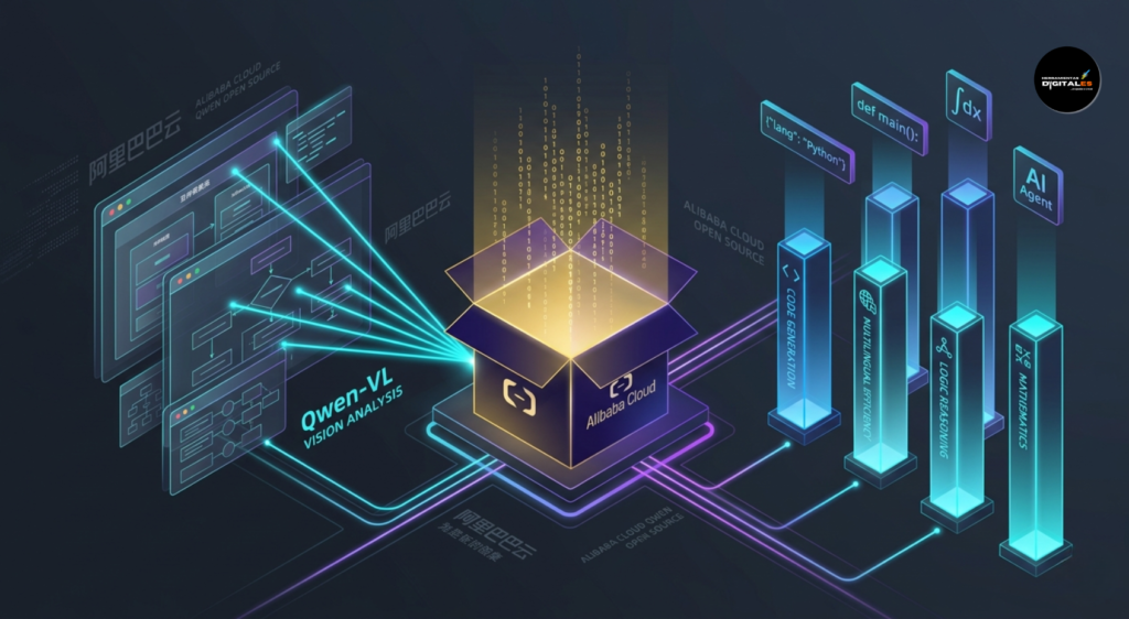 Infografía isométrica y de alta tecnología que ilustra la potencia del modelo de código abierto Qwen de Alibaba, destacando la programación multilingüe y el análisis de diagramas complejos.