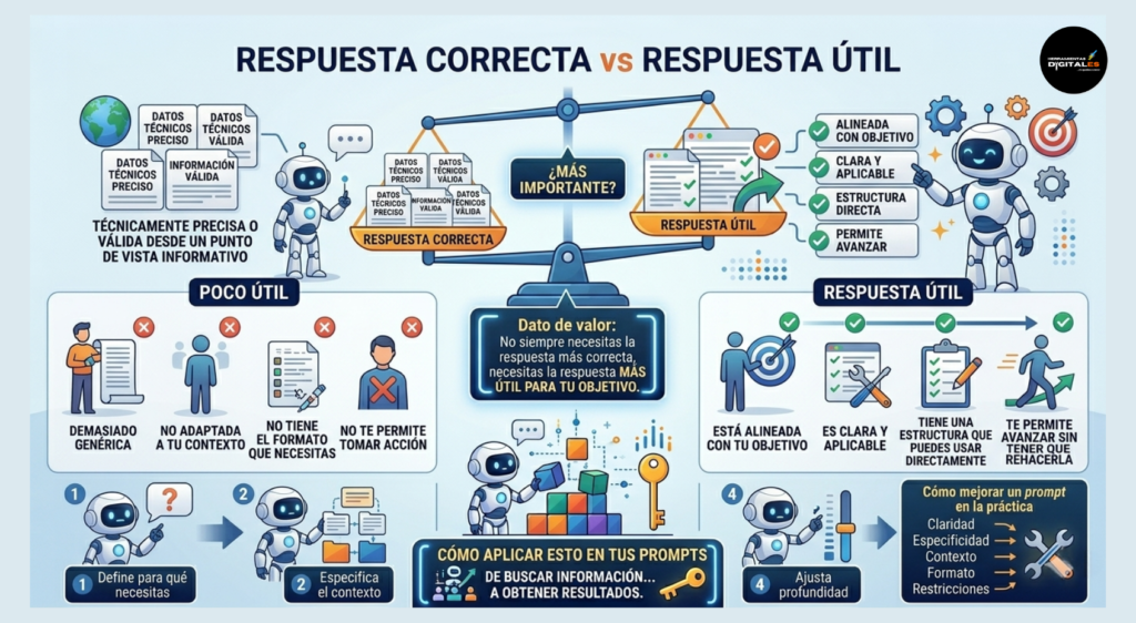 Infografía profesional que compara visualmente una "Respuesta Correcta" frente a una "Respuesta Útil" de la IA. Una balanza muestra que la utilidad es más importante que la exactitud absoluta. El panel "Poco Útil" ilustra barreras como respuestas genéricas o sin formato, mientras que el panel "Respuesta Útil" destaca la alineación con objetivos, claridad y aplicabilidad. Incluye una sección de cuatro pasos sobre cómo aplicar este enfoque para obtener resultados prácticos y un consejo final para mejorar prompts optimizando partes específicas.