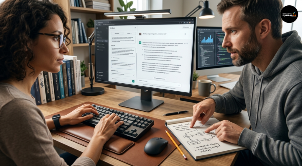 Dos profesionales, una mujer y un hombre, trabajan juntos en un escritorio de oficina ultra realista. La mujer, con gafas, escribe en un teclado mientras mira una pantalla con una interfaz de IA, mientras el hombre señala un cuaderno con anotaciones manuscritas. La escena ilustra el concepto de 'aprender a pensar mejor' a través de la colaboración y la interacción crítica con la tecnología, tal como se describe en la conclusión del mini-curso de Prompting. El entorno es profesional e interactivo, no futurista.