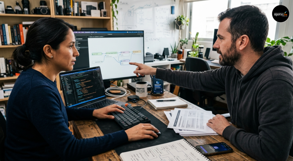 Dos personas, un hombre y una mujer, colaboran en un entorno de trabajo ultra realista para diseñar un sistema de Inteligencia Artificial personalizado. Están integrando flujos de trabajo de IA en una computadora de escritorio y una laptop, pasando de conceptos teóricos a la aplicación práctica del Prompting, tal como se describe en el Módulo VIII del curso.