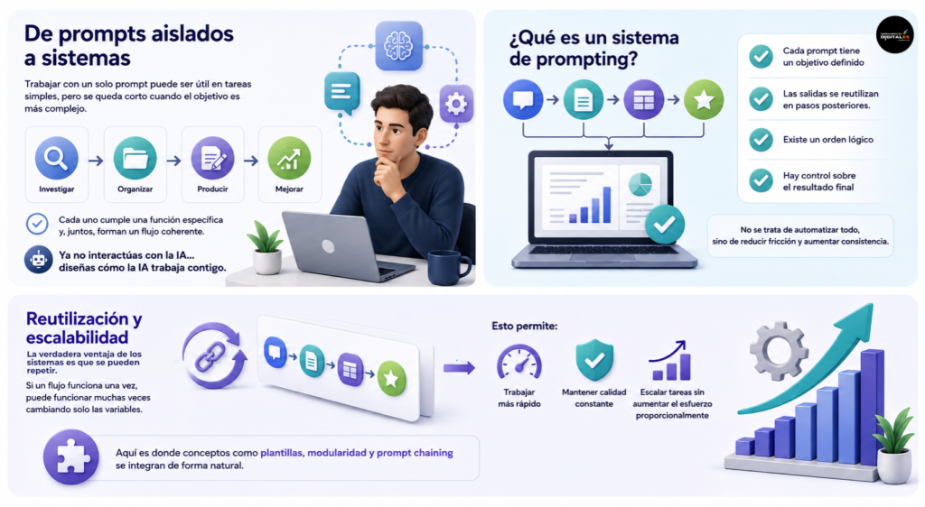 Infografía profesional sobre sistemas de prompting e inteligencia artificial. Muestra cómo varios prompts se conectan en flujos de trabajo organizados para investigar, producir, mejorar y escalar tareas con mayor productividad, reutilización y consistencia.