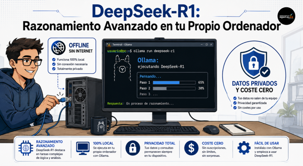 Infografía explicativa de DeepSeek-R1 en su versión open source, mostrando cómo ejecutar el modelo de razonamiento de forma local y privada usando Ollama sin internet.