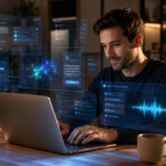 Fotografía hiperrealista de un usuario interactuando con múltiples pantallas holográficas flotantes de chats y asistentes virtuales de inteligencia artificial en su espacio de trabajo.