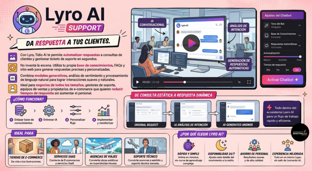 Infografía de Lyro AI para automatización de servicio al cliente en sitios web