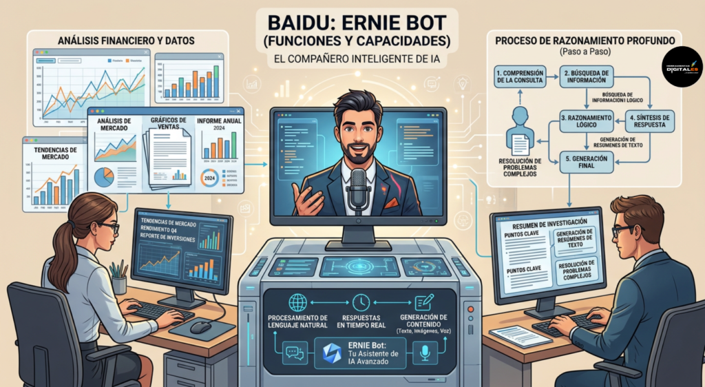 Infografía explicativa de ERNIE Bot de Baidu que muestra a profesionales analizando gráficos financieros, reportes complejos y procesos de razonamiento profundo paso a paso.