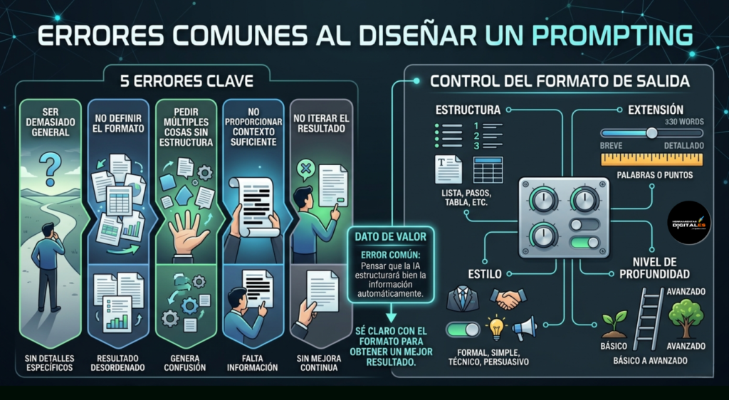 Una infografía profesional que detalla los errores comunes al diseñar "prompting" para inteligencia artificial, con secciones gráficas sobre cinco errores clave y controles para definir el formato de salida (estructura, extensión, estilo, profundidad).