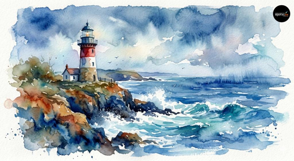 Pintura artística en acuarela de un faro clásico erigido sobre un acantilado rocoso, rodeado por un mar embravecido con olas que rompen. La obra destaca por el uso de transparencias en tonos azul cobalto y azul marino, con bordes difuminados por el efecto del agua que aportan dinamismo y una atmósfera marítima evocadora.