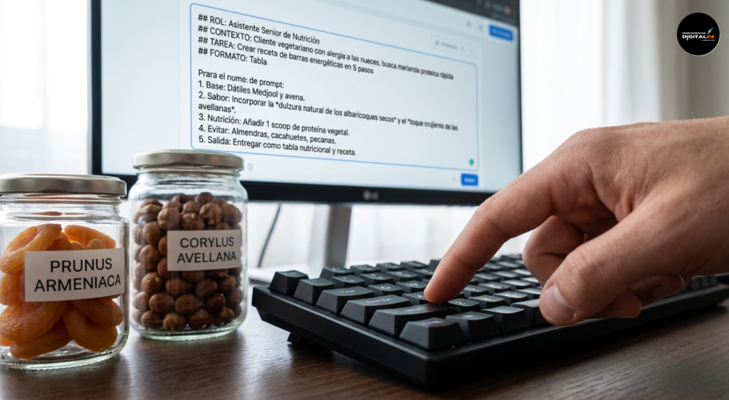 Primer plano ultra realista de una mano presionando una tecla en un teclado mecánico, con una pantalla de fondo que muestra un prompt altamente estructurado con secciones de Rol, Contexto y Tarea, flanqueada por frascos de ingredientes etiquetados que simbolizan el orden y la precisión en la comunicación con la IA.