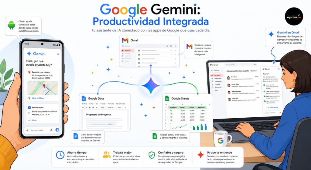 Infografía explicativa de Google Gemini que muestra su integración nativa en Gmail, Google Docs y su funcionamiento como asistente en dispositivos móviles Android.