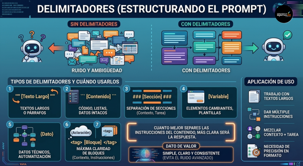 Infografía profesional que explica el uso de delimitadores para estructurar prompts de IA. Muestra un contraste visual entre un flujo caótico "Sin delimitadores" y uno organizado "Con delimitadores". Detalla siete tipos (Comillas triples, Bloques de código, Almohadillas, Corchetes, Llaves, Paréntesis, Etiquetas XML) con sus usos específicos, junto con secciones de "Aplicación de Uso" y consejos clave para mejorar la claridad de las respuestas de la IA.