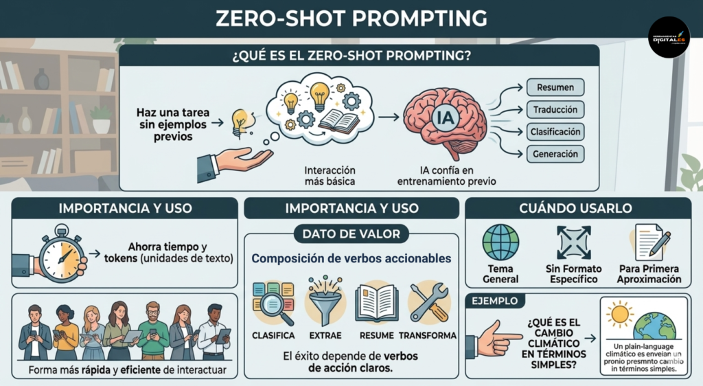 Infografía profesional sobre Zero-shot Prompting que explica cómo la IA resuelve tareas sin ejemplos previos, destacando la eficiencia, el ahorro de tokens y el uso de verbos de acción como clasificar, extraer y resumir.