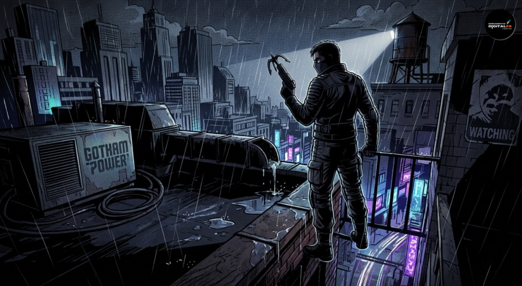 Ilustración de estilo novela gráfica noir que muestra a un héroe urbano enmascarado con armadura y garfio sobre una azotea industrial de Gotham City bajo la lluvia. Se aprecian conductos de ventilación, una unidad de "GOTHAM POWER", un cofre con una placa que dice "NOMBRE: VIGILANTE DE GOTHAM DESCRIPCIÓN SEO: HÉROE URBANO EN AZOTEA NOCTURNA CON ESTÉTICA DE NOVELA GRÁFICA Y ESTILO NOIR ALTO CONTRASTE", un tanque de agua con un cartel de "GOTHAM HERO", y rascacielos iluminados con carteles de neón púrpura y azul en Lima, Perú. Alto contraste y sombras profundas.