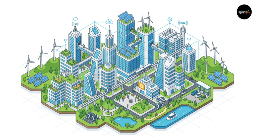 Ilustración conceptual e icono de una ciudad inteligente (smart city) en perspectiva isométrica y diseño vectorial limpio. La imagen muestra edificios modernos interconectados con tecnología, paneles solares, turbinas de energía eólica, transporte sostenible y zonas verdes integradas, todo presentado sobre un fondo blanco ideal para proyectos de tecnología y urbanismo futurista.
