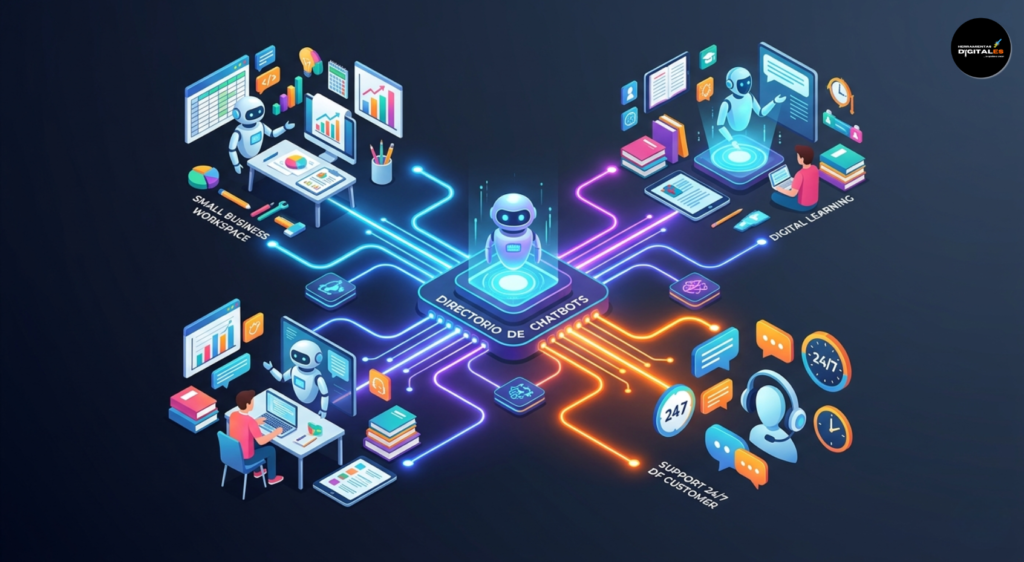 Infografía moderna e isométrica que ilustra el impacto del directorio de chatbots en la eficiencia operativa, la educación y los negocios en 2026, utilizando colores llamativos y elementos tecnológicos interconectados.