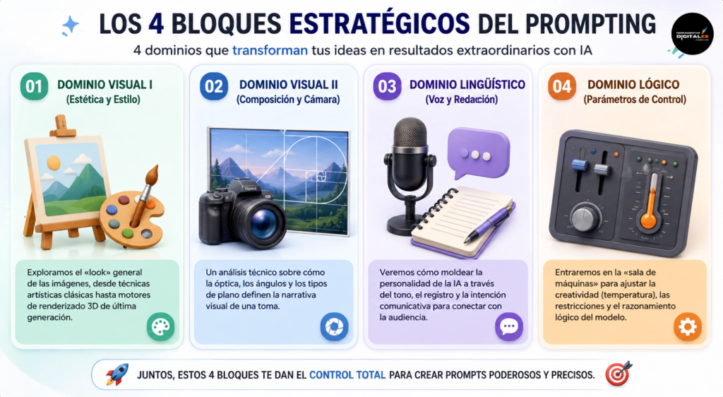 Infografia de los 4 bloques estratégicos del prompting